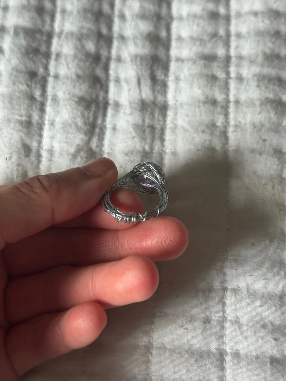 Handmade Silver Wire Wrapped Ring w/ Lilac Purple Glass Bead – Fits Size 6